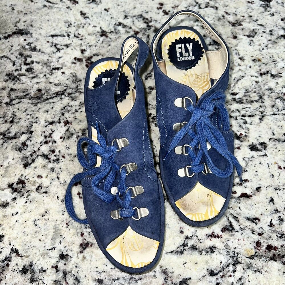 FLY LONDON Ylva Blue Suede Lace-Up Peeptoe Wedge Sandals Size 6.5 US 37 EU